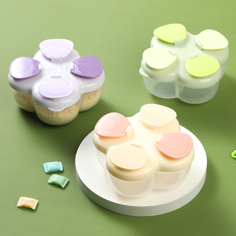 Baby Food Jars With Lids - ポータブルクローバー4コンパートメント粉ミルクキャニスター、ワンタッチ蓋気密漏れ防止、乳児用旅行用粉ミルクディスペンサー