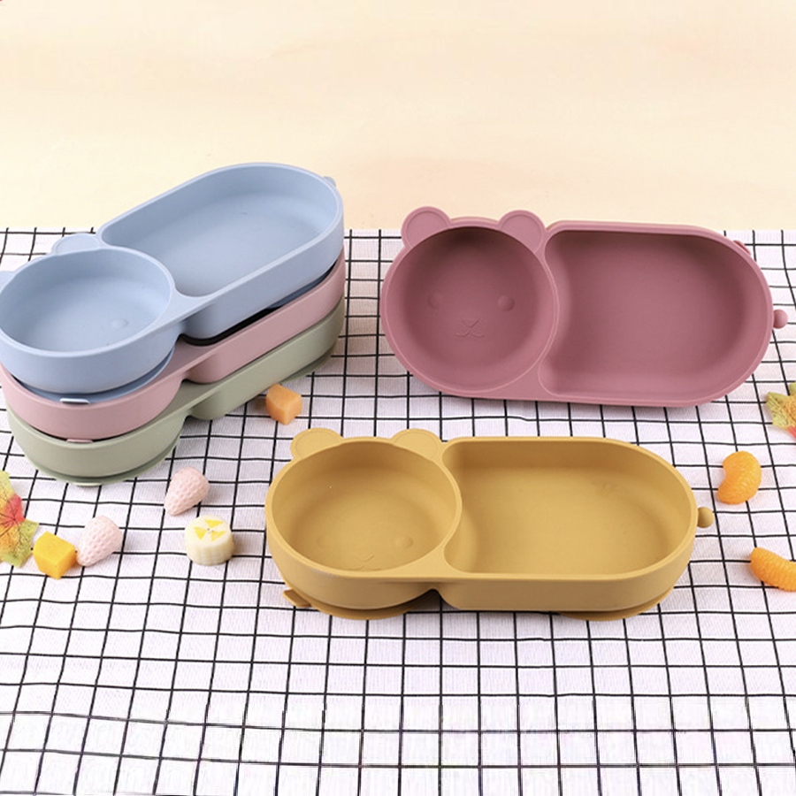 Baby Food Grinder - ベビーシリコーン吸盤ボウルかわいいクマのデザインマカロンカラー 100% 食品グレードのシリコーン BPA フリー食事用のダブルプレートデザイン