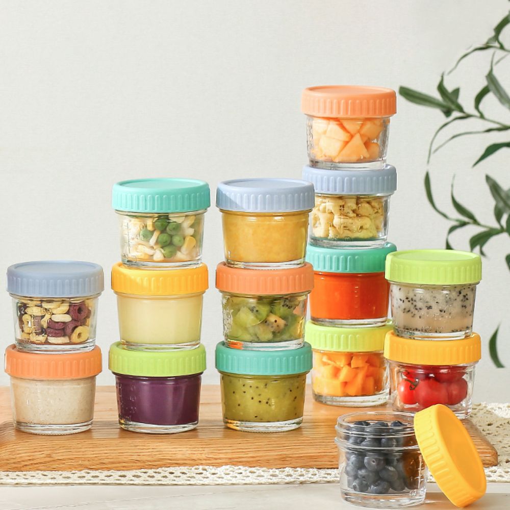 Baby Food Jars With Lids - 6個入りガラス製ベビーフードジャー、再利用可能、蓋付き、ディップソースカップ、漏れ防止、目盛り付き、サラダドレッシング容器、蜂蜜用