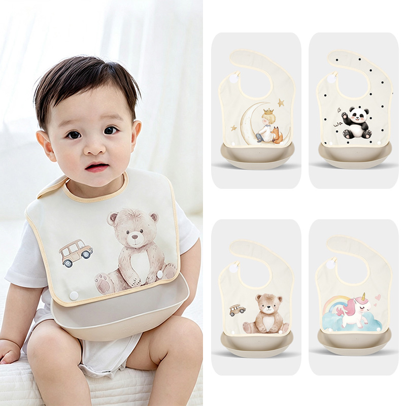 Baby Food Apron - ベビー用取り外し可能な防水フードキャッチャービブ、取り外し可能なシリコンポケット付き、洗濯可能な幼児用食事エプロン