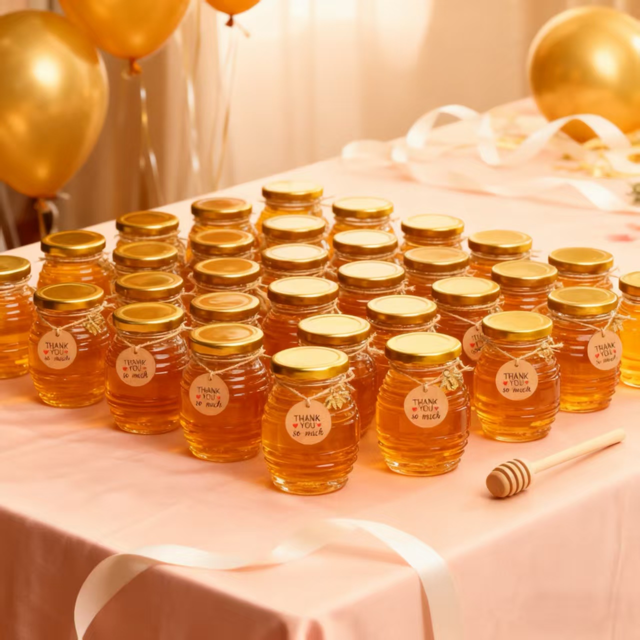 Baby Food Jars With Lids - 12/24/36個入り- 70ml、ミニガラス製ハニーポットセット、丸型ガラス製ハニーポット、金色の蓋付きガラス製密封ポット、金色の蜂の置物、木製ディッパースティック、麻ひも、サンキューカード付き、ベビーシャワー、結婚式、誕生日パーティーのギフトに最適