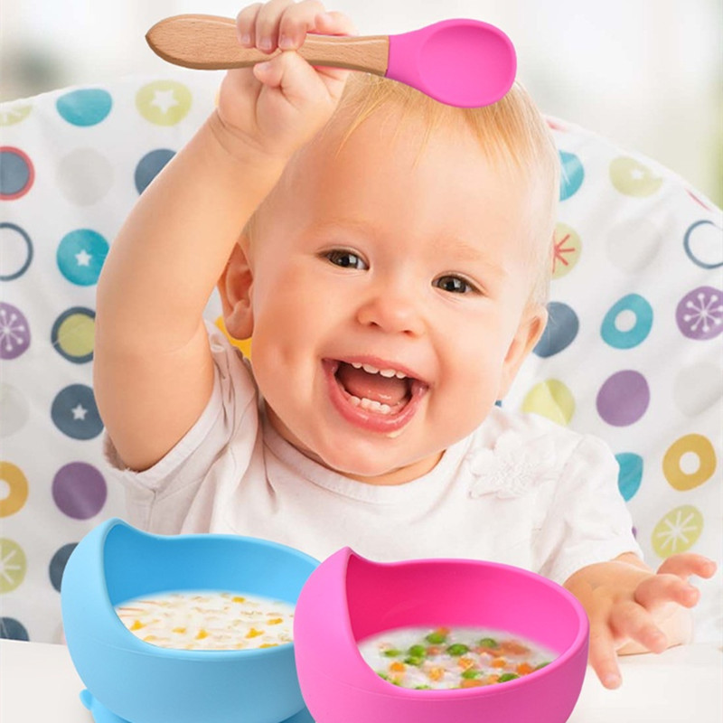 2 ピース/セットベビーシリコーンスプーンフォーク木製ハンド - Baby Kitchen Food のレビューと価格